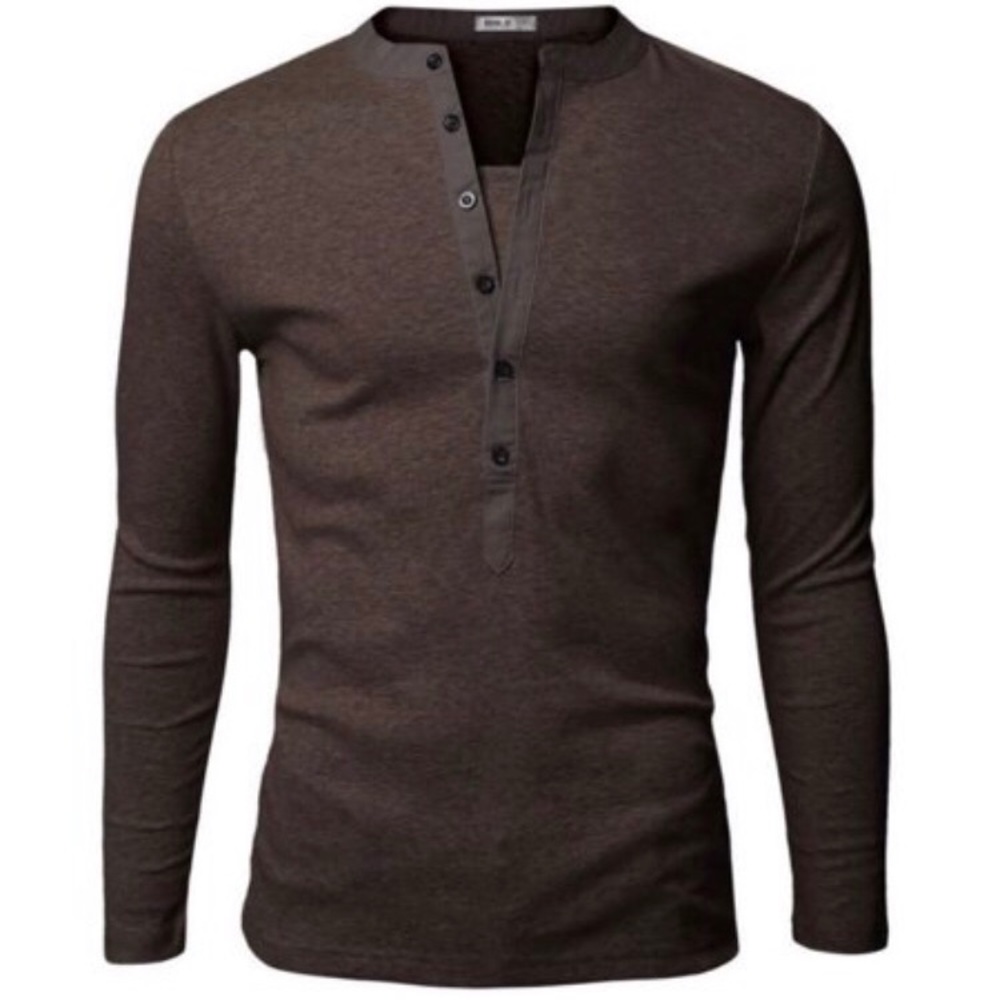Doublji Men's Brown Long Sleeve Henley XXL